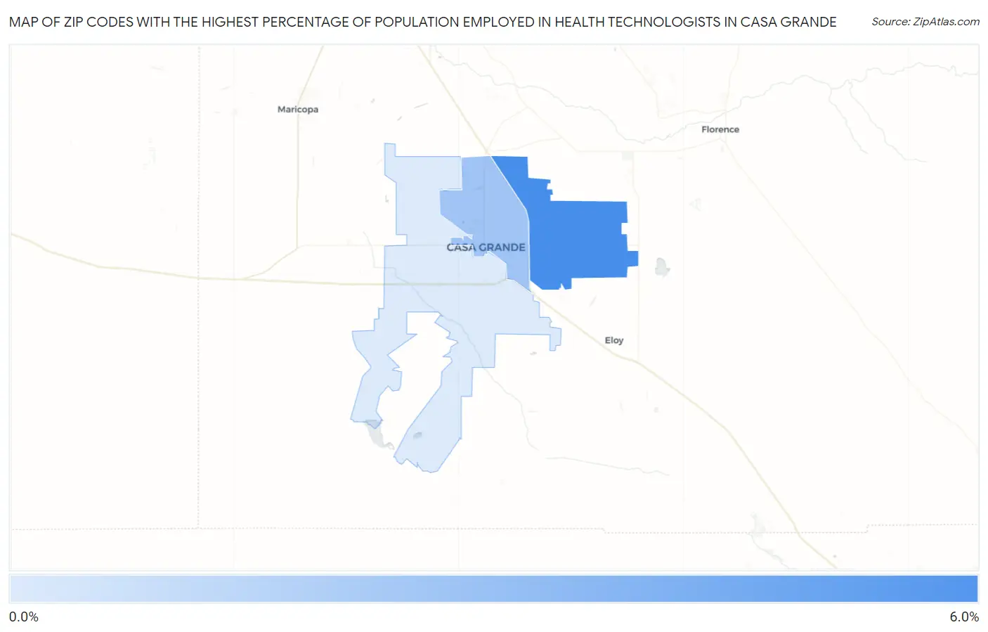 Zip Codes with the Highest Percentage of Population Employed in Health Technologists in Casa Grande Map