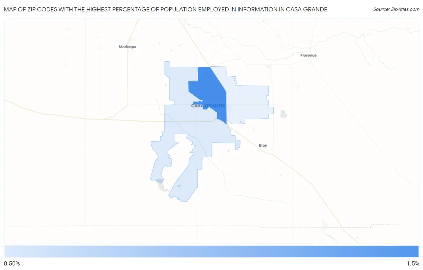 Zip Codes with the Highest Percentage of Population Employed in Information in Casa Grande Map