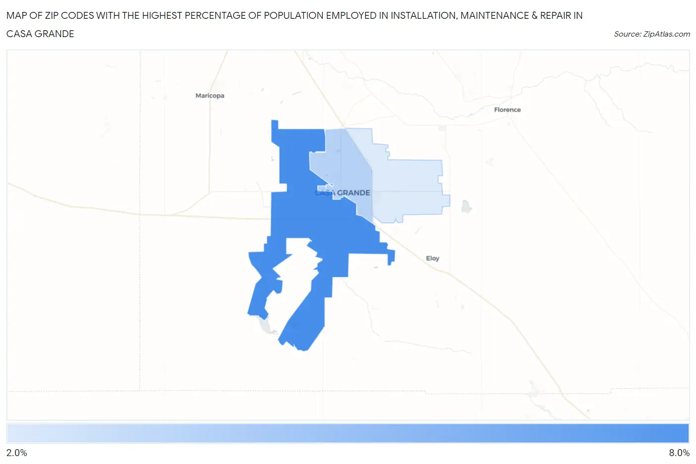 Zip Codes with the Highest Percentage of Population Employed in Installation, Maintenance & Repair in Casa Grande Map