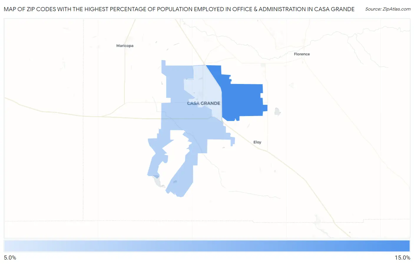 Zip Codes with the Highest Percentage of Population Employed in Office & Administration in Casa Grande Map