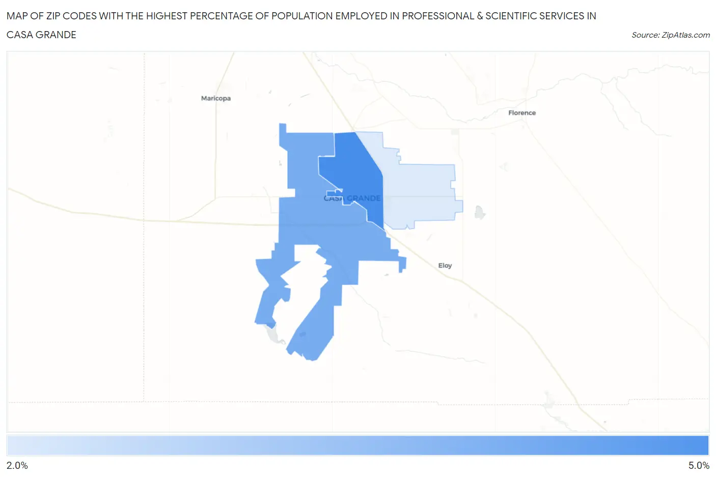 Zip Codes with the Highest Percentage of Population Employed in Professional & Scientific Services in Casa Grande Map