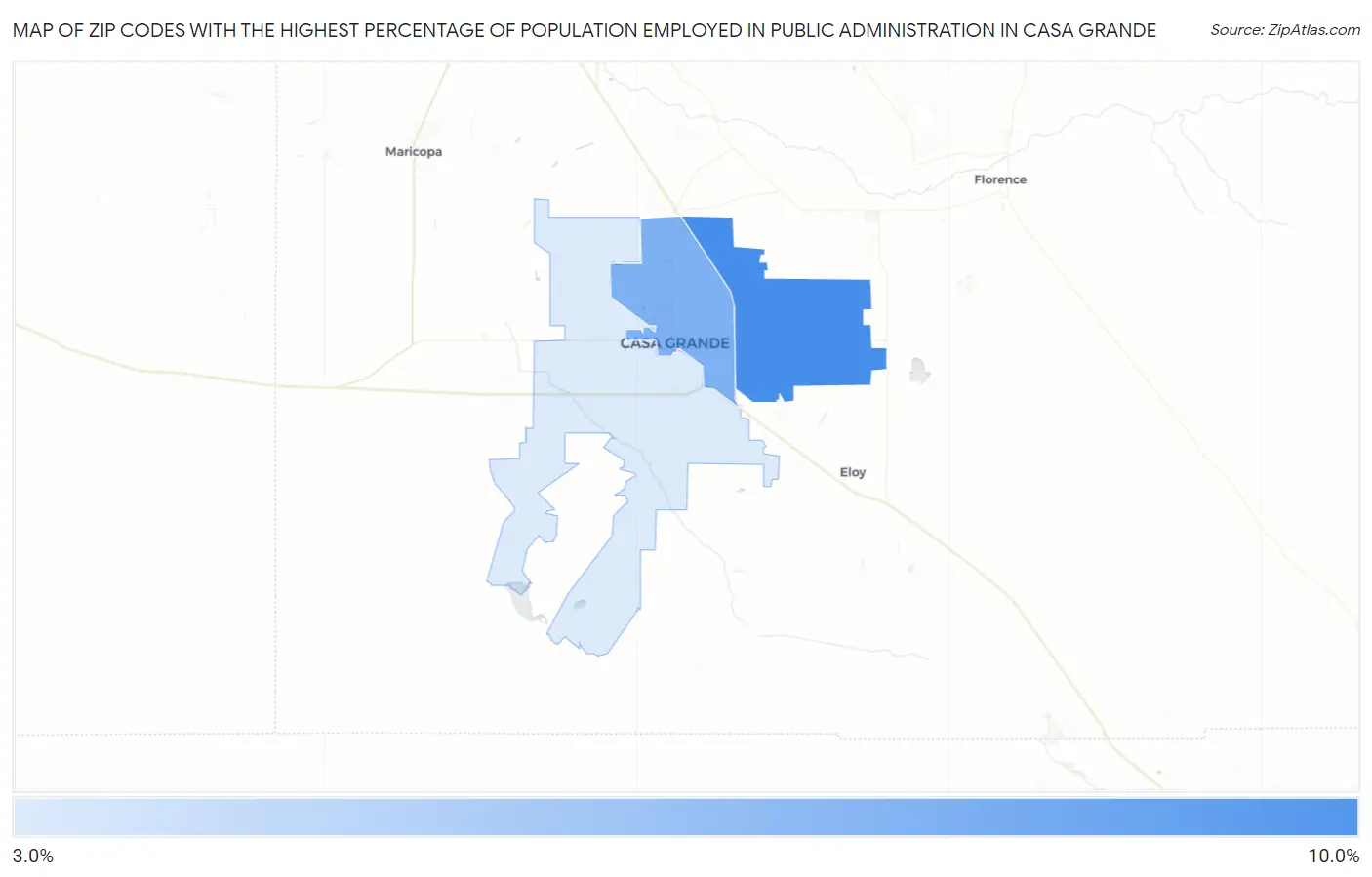 Zip Codes with the Highest Percentage of Population Employed in Public Administration in Casa Grande Map