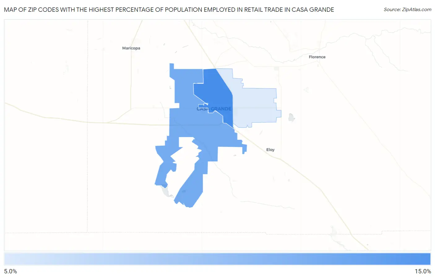 Zip Codes with the Highest Percentage of Population Employed in Retail Trade in Casa Grande Map