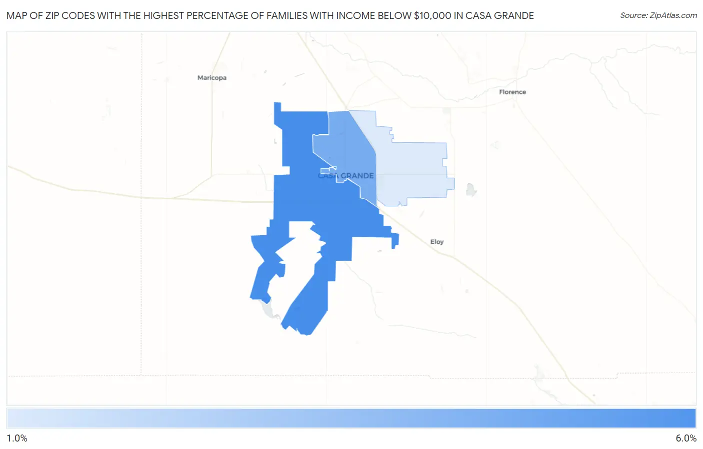Zip Codes with the Highest Percentage of Families with Income Below $10,000 in Casa Grande Map