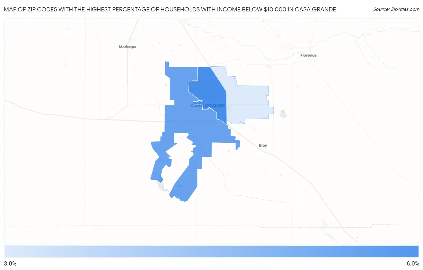 Zip Codes with the Highest Percentage of Households with Income Below $10,000 in Casa Grande Map
