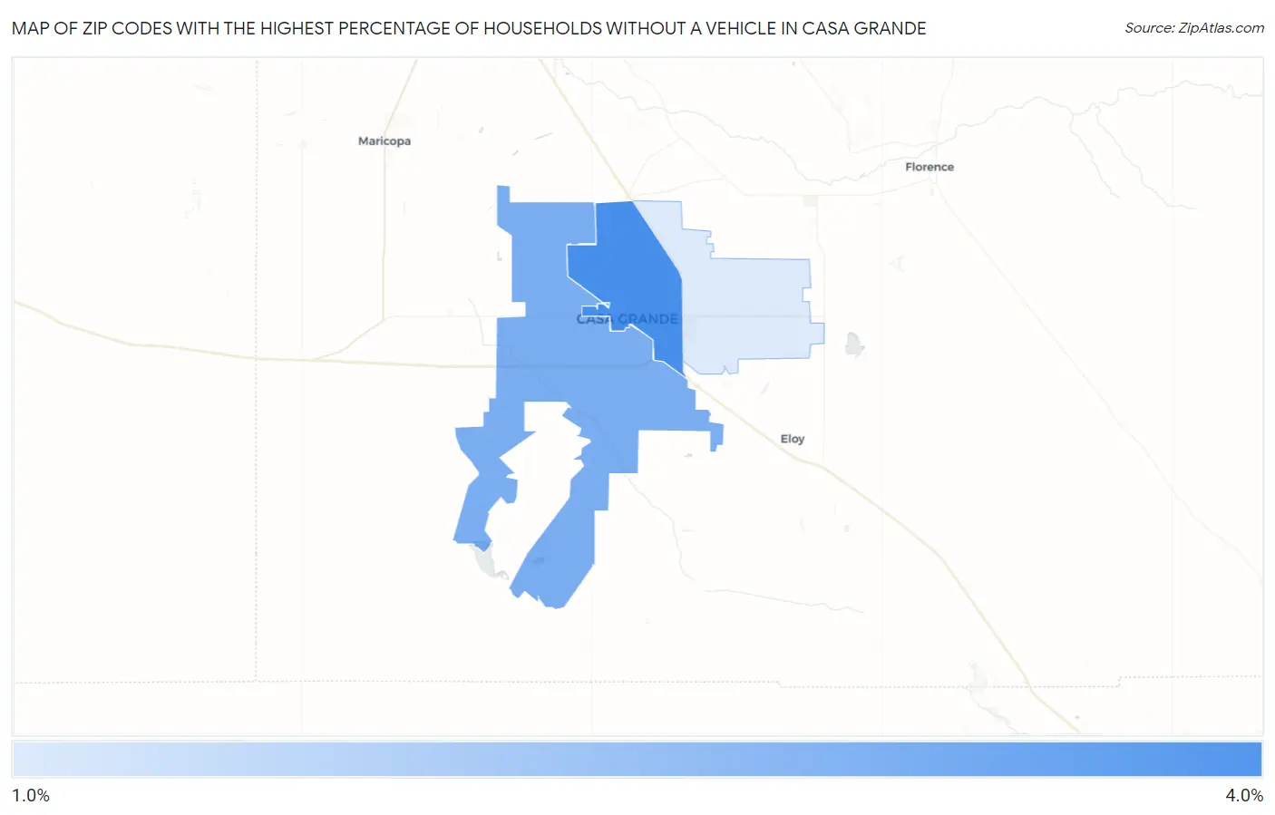 Zip Codes with the Highest Percentage of Households Without a Vehicle in Casa Grande Map