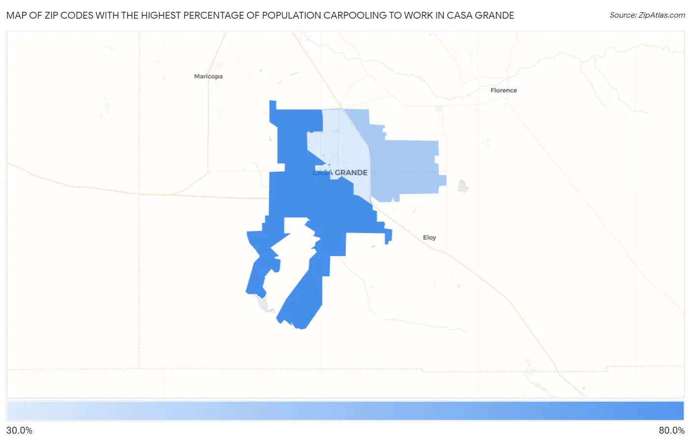 Zip Codes with the Highest Percentage of Population Carpooling to Work in Casa Grande Map