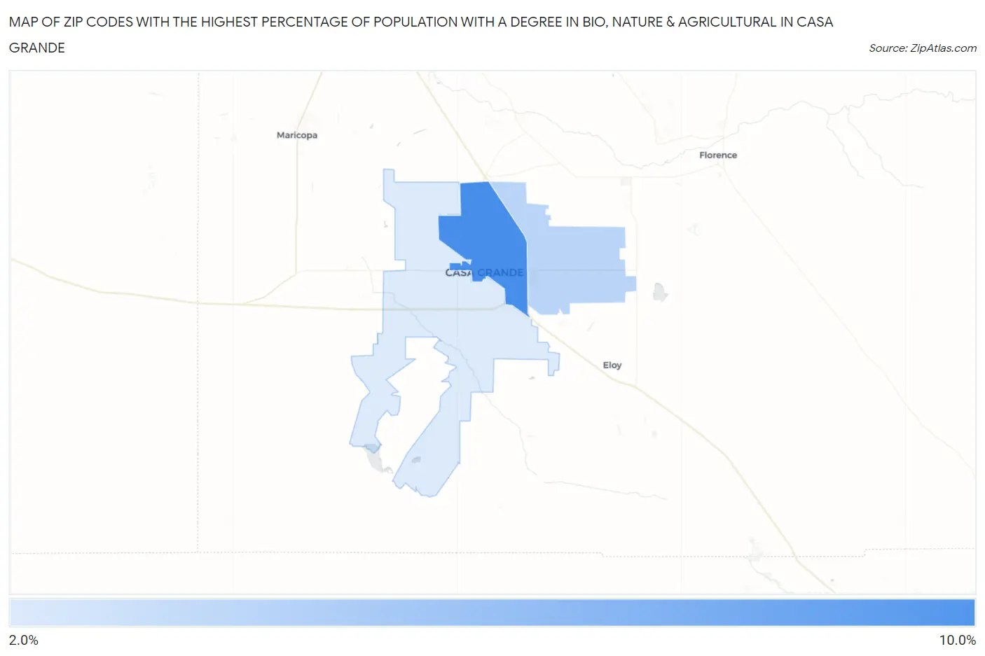 Zip Codes with the Highest Percentage of Population with a Degree in Bio, Nature & Agricultural in Casa Grande Map