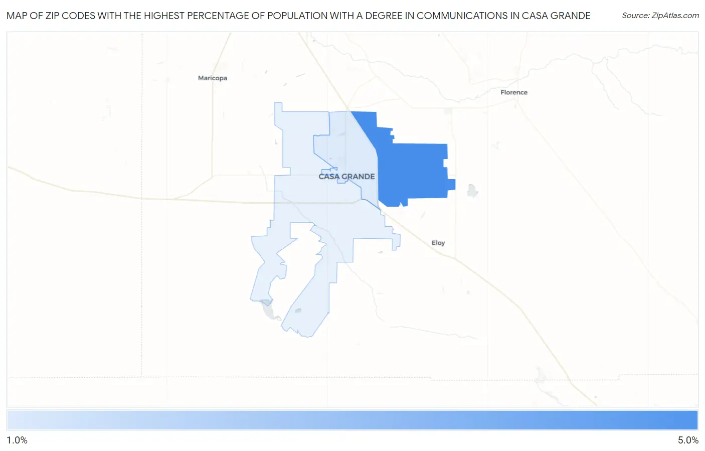 Zip Codes with the Highest Percentage of Population with a Degree in Communications in Casa Grande Map