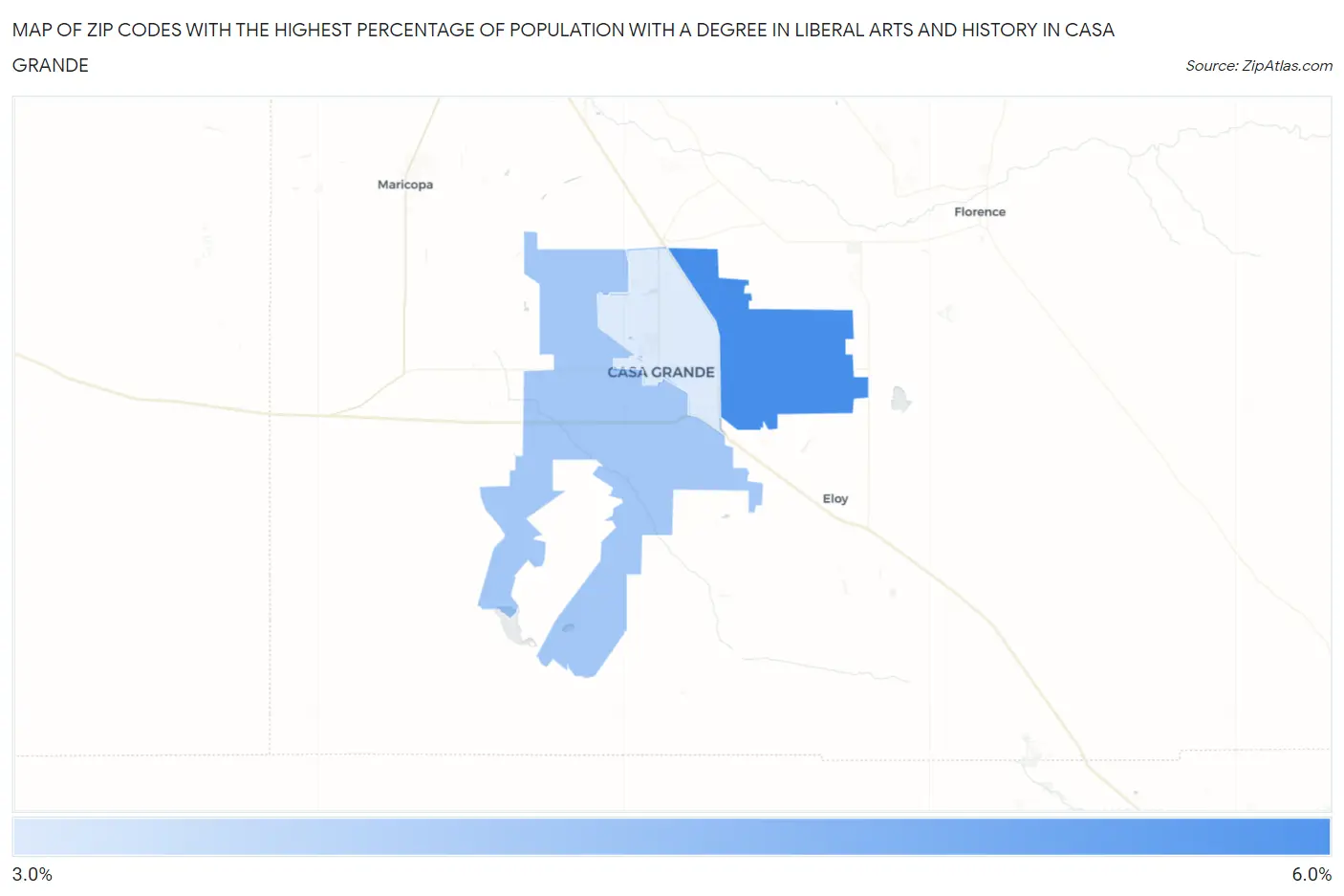 Zip Codes with the Highest Percentage of Population with a Degree in Liberal Arts and History in Casa Grande Map