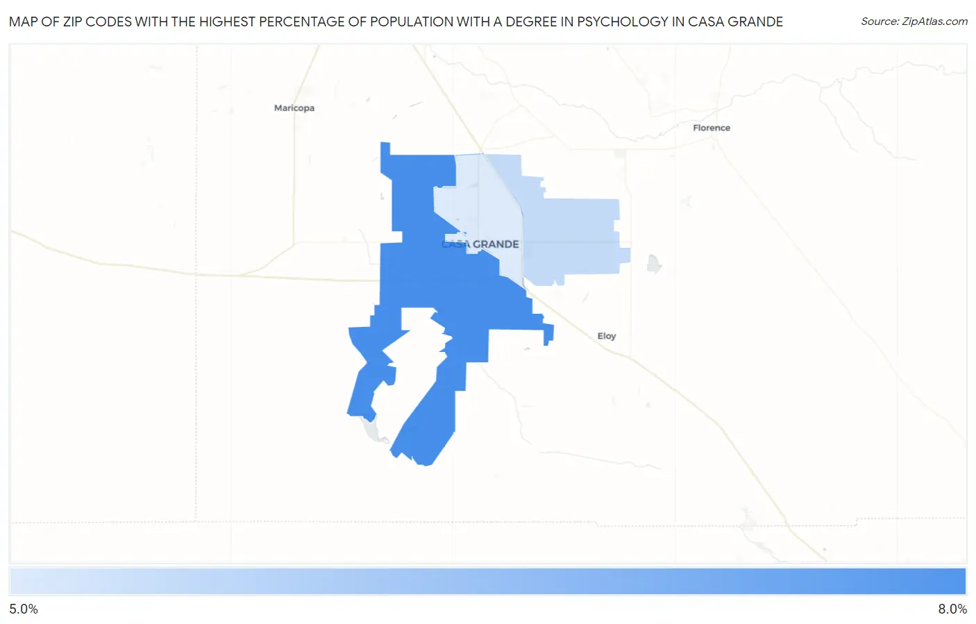 Zip Codes with the Highest Percentage of Population with a Degree in Psychology in Casa Grande Map