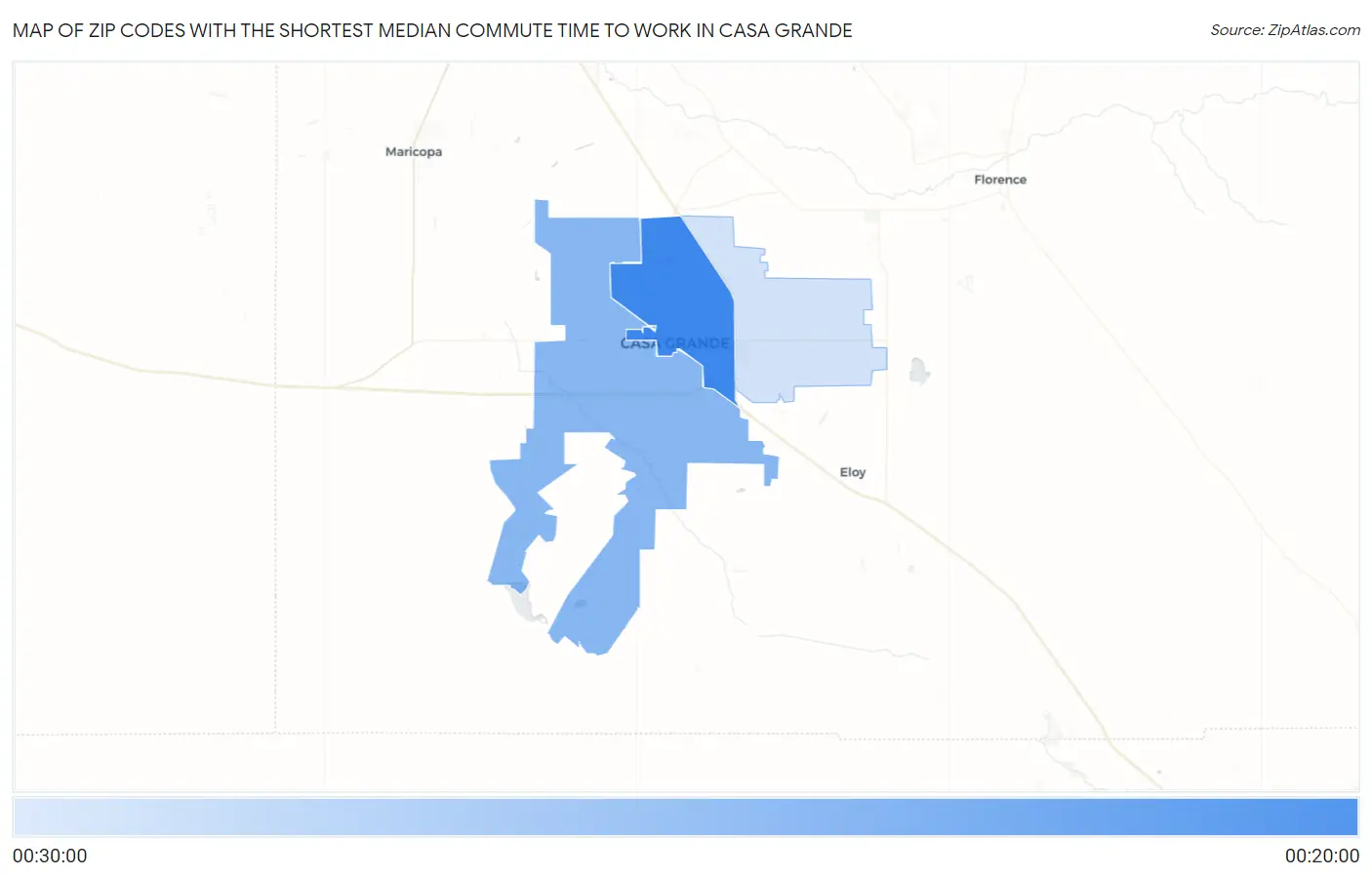 Zip Codes with the Shortest Median Commute Time to Work in Casa Grande Map