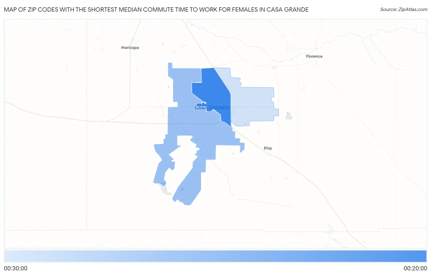 Zip Codes with the Shortest Median Commute Time to Work for Females in Casa Grande Map