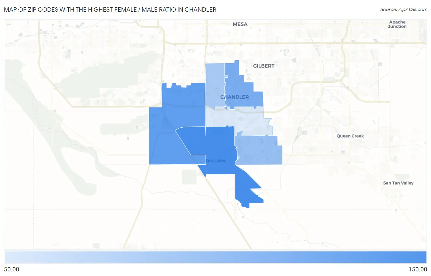 Zip Codes with the Highest Female / Male Ratio in Chandler Map