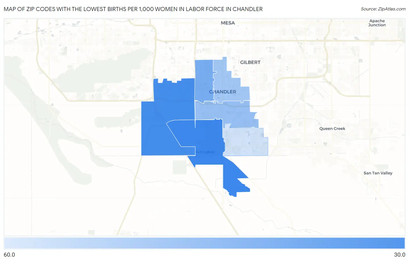 Zip Codes with the Lowest Births per 1,000 Women in Labor Force in Chandler Map