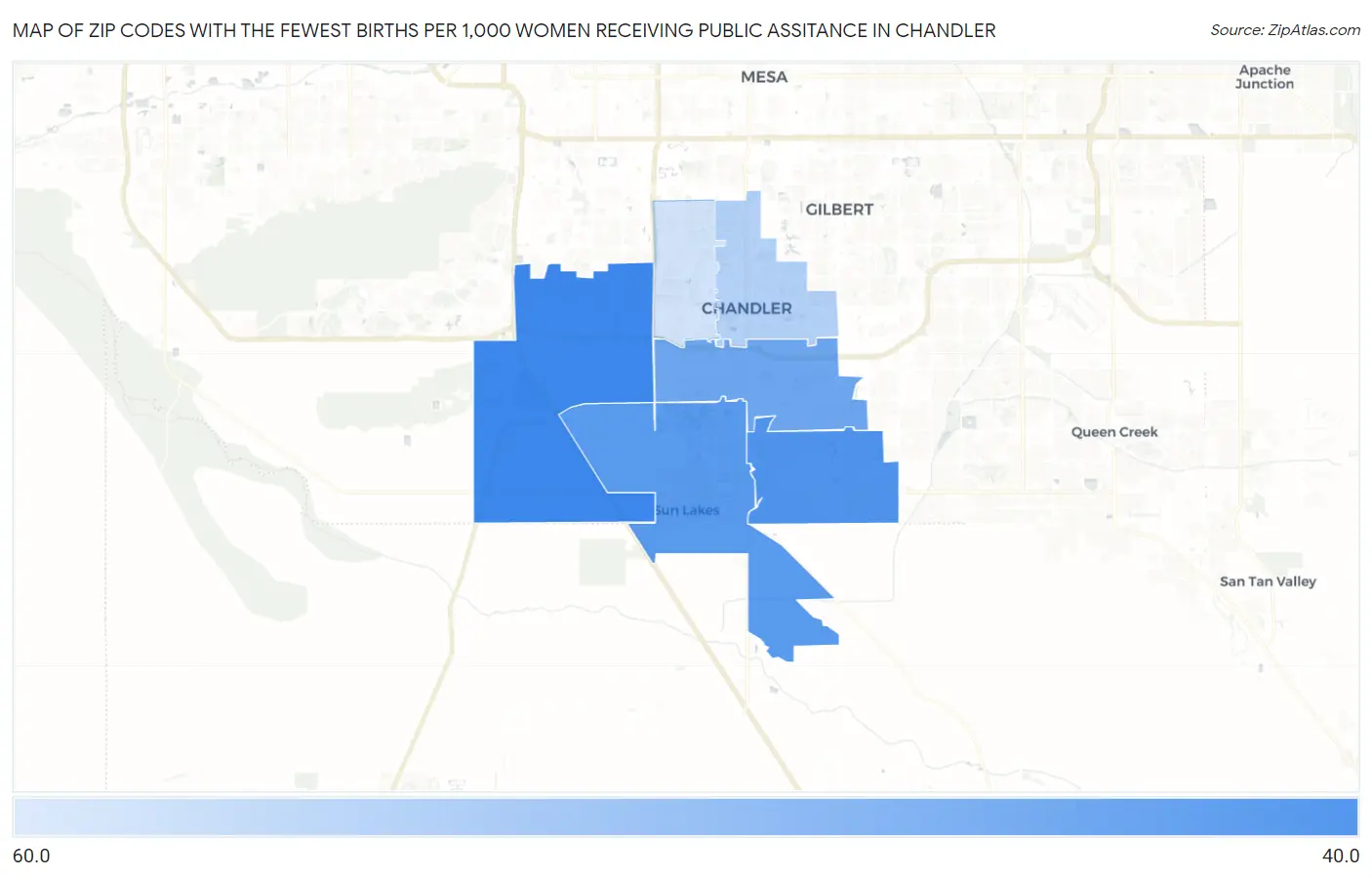 Zip Codes with the Fewest Births per 1,000 Women Receiving Public Assitance in Chandler Map