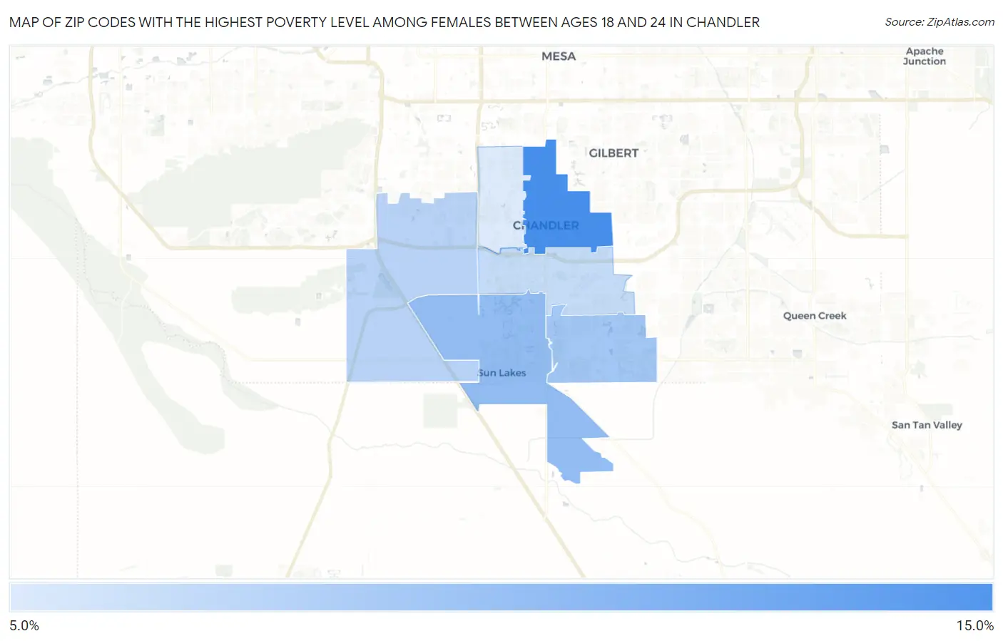Zip Codes with the Highest Poverty Level Among Females Between Ages 18 and 24 in Chandler Map