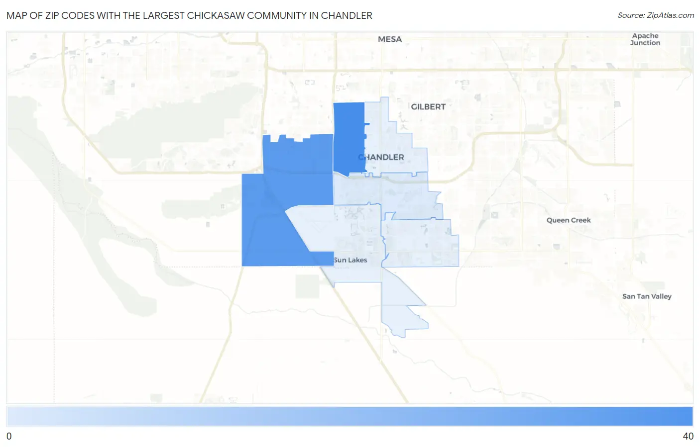 Zip Codes with the Largest Chickasaw Community in Chandler Map