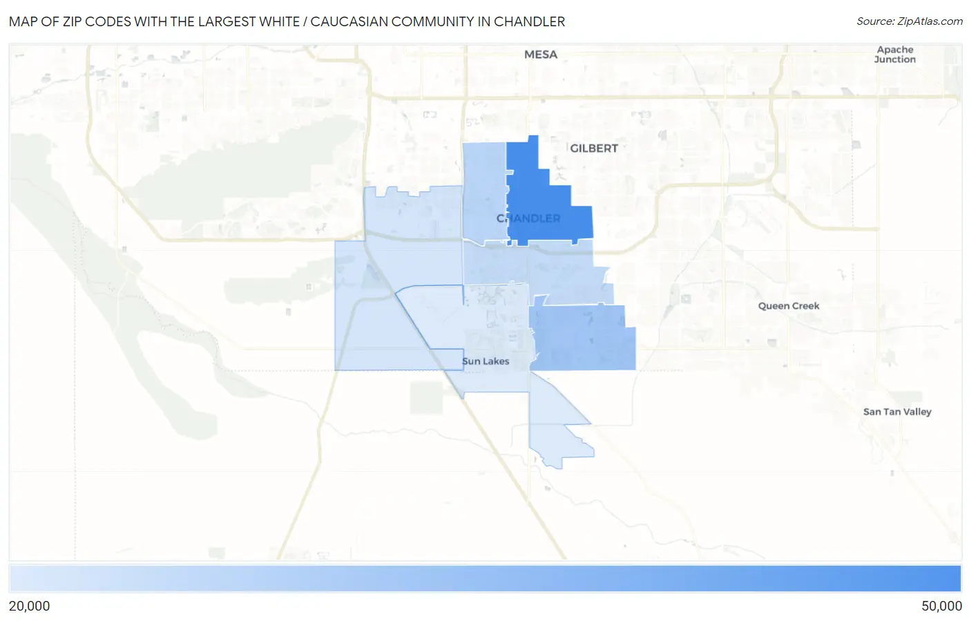 Zip Codes with the Largest White / Caucasian Community in Chandler Map