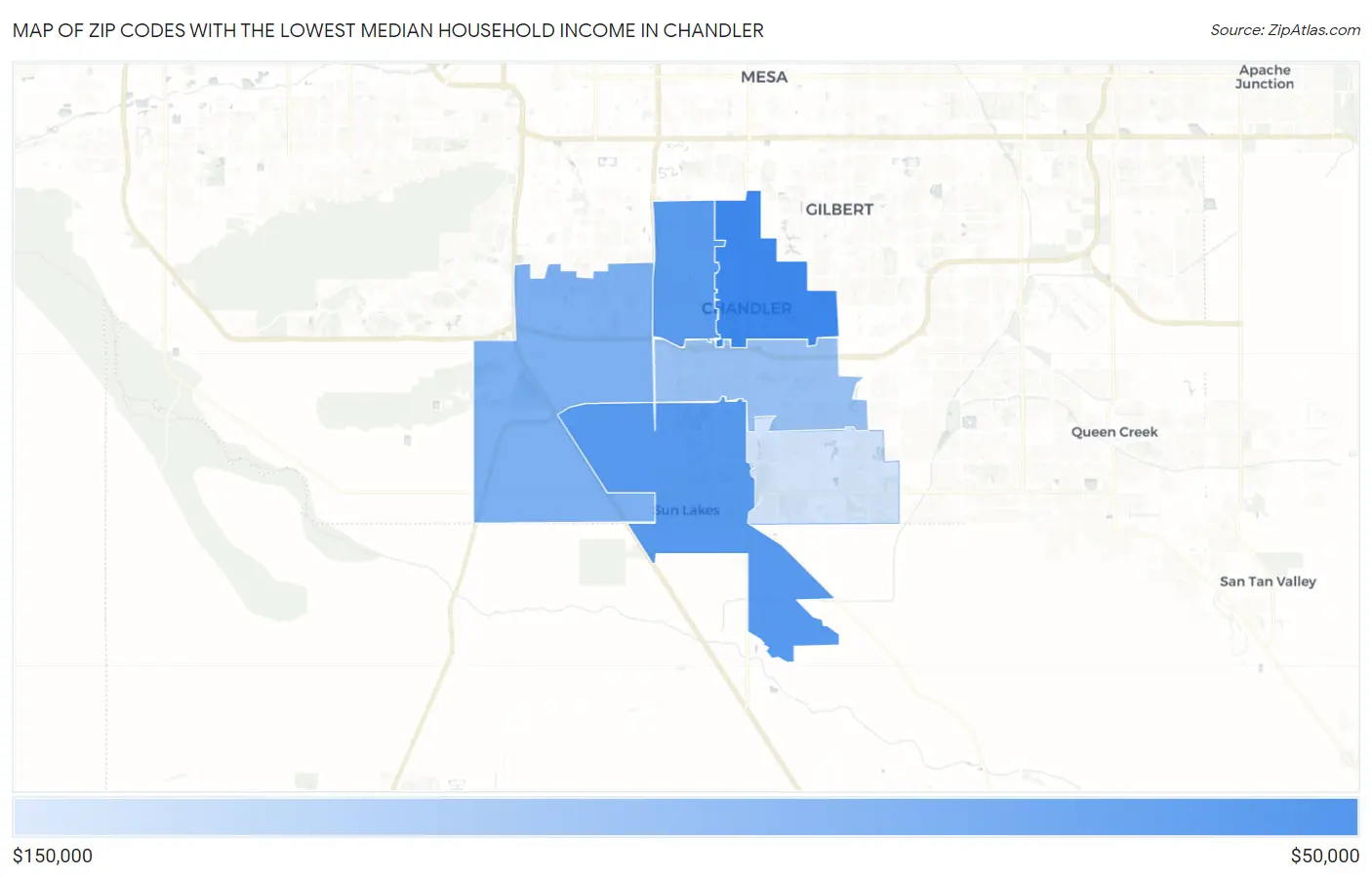 Zip Codes with the Lowest Median Household Income in Chandler Map
