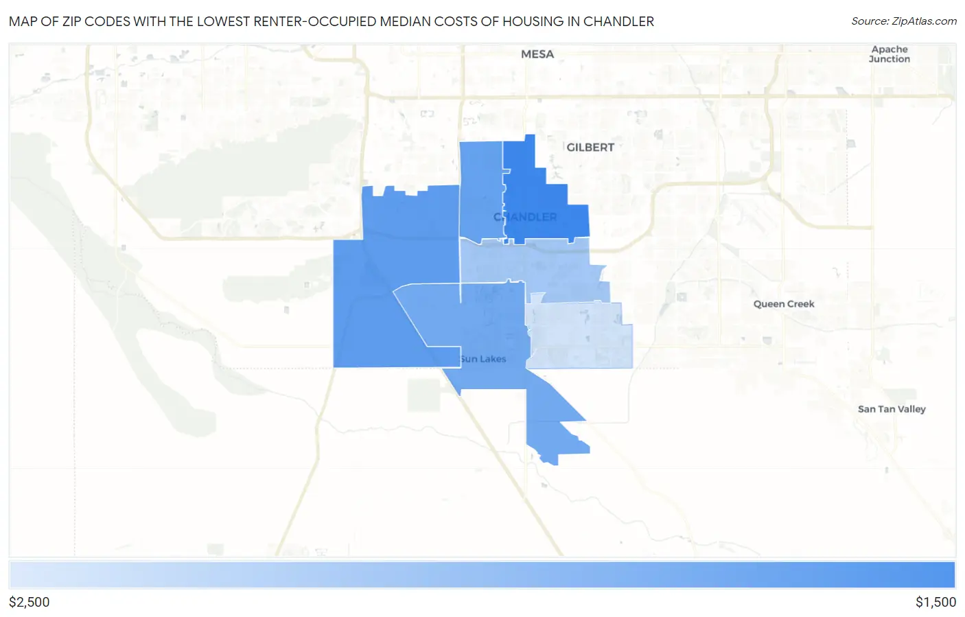 Zip Codes with the Lowest Renter-Occupied Median Costs of Housing in Chandler Map