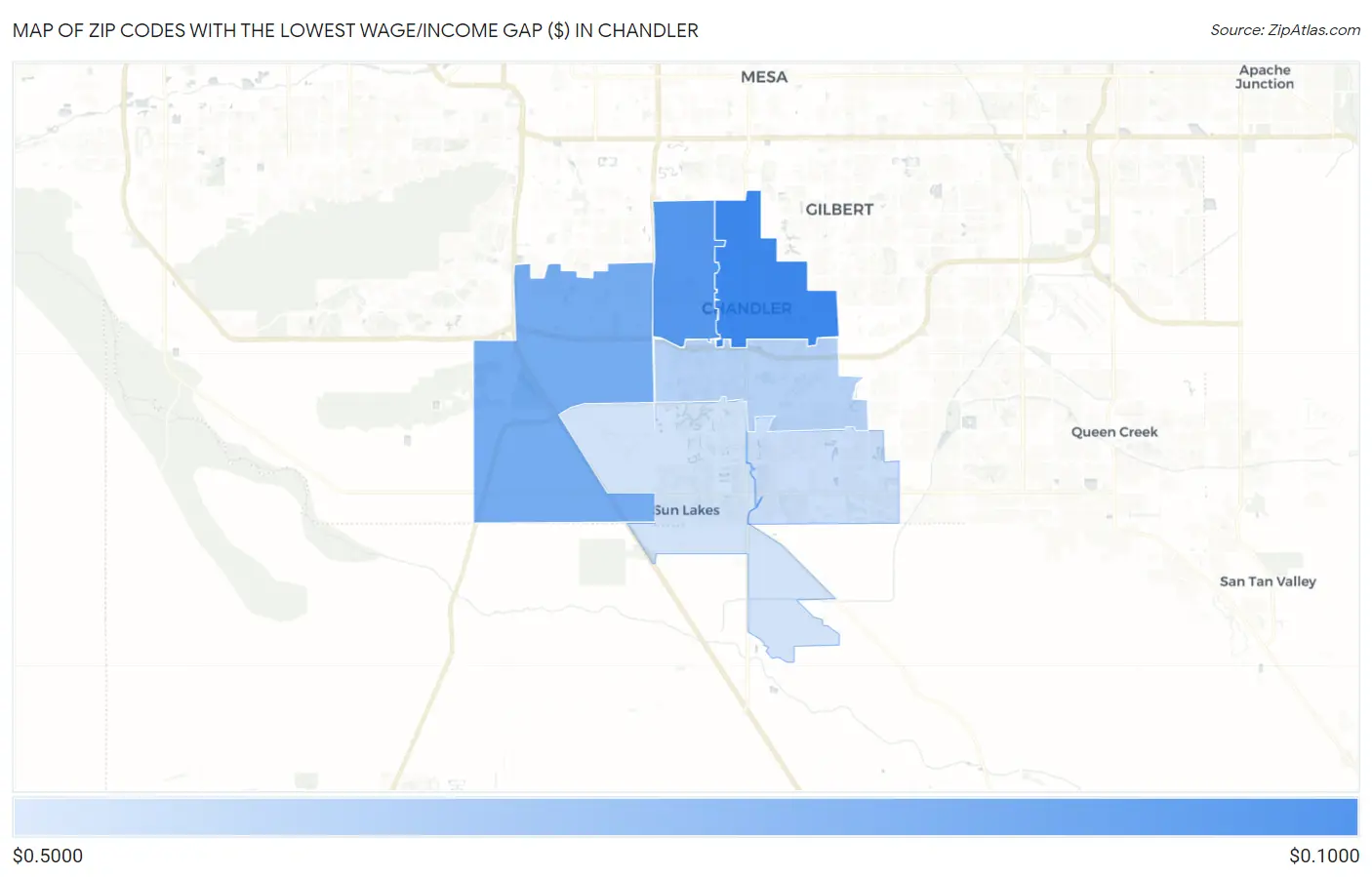 Zip Codes with the Lowest Wage/Income Gap ($) in Chandler Map