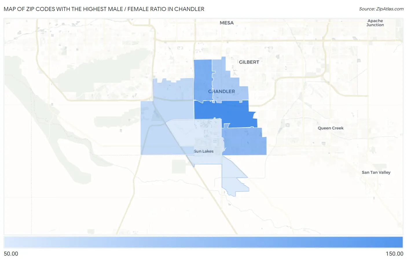 Zip Codes with the Highest Male / Female Ratio in Chandler Map