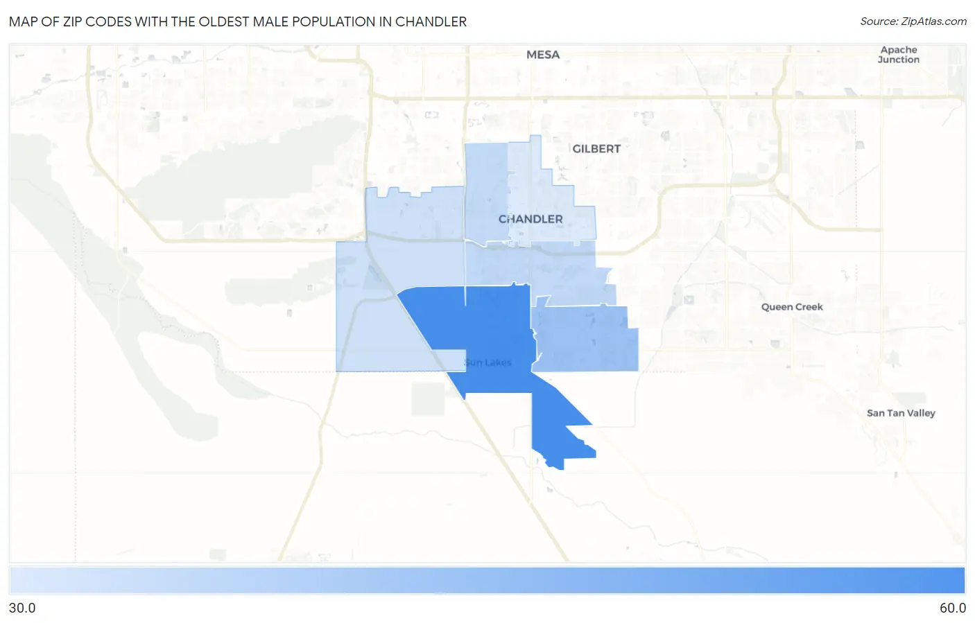 Zip Codes with the Oldest Male Population in Chandler Map