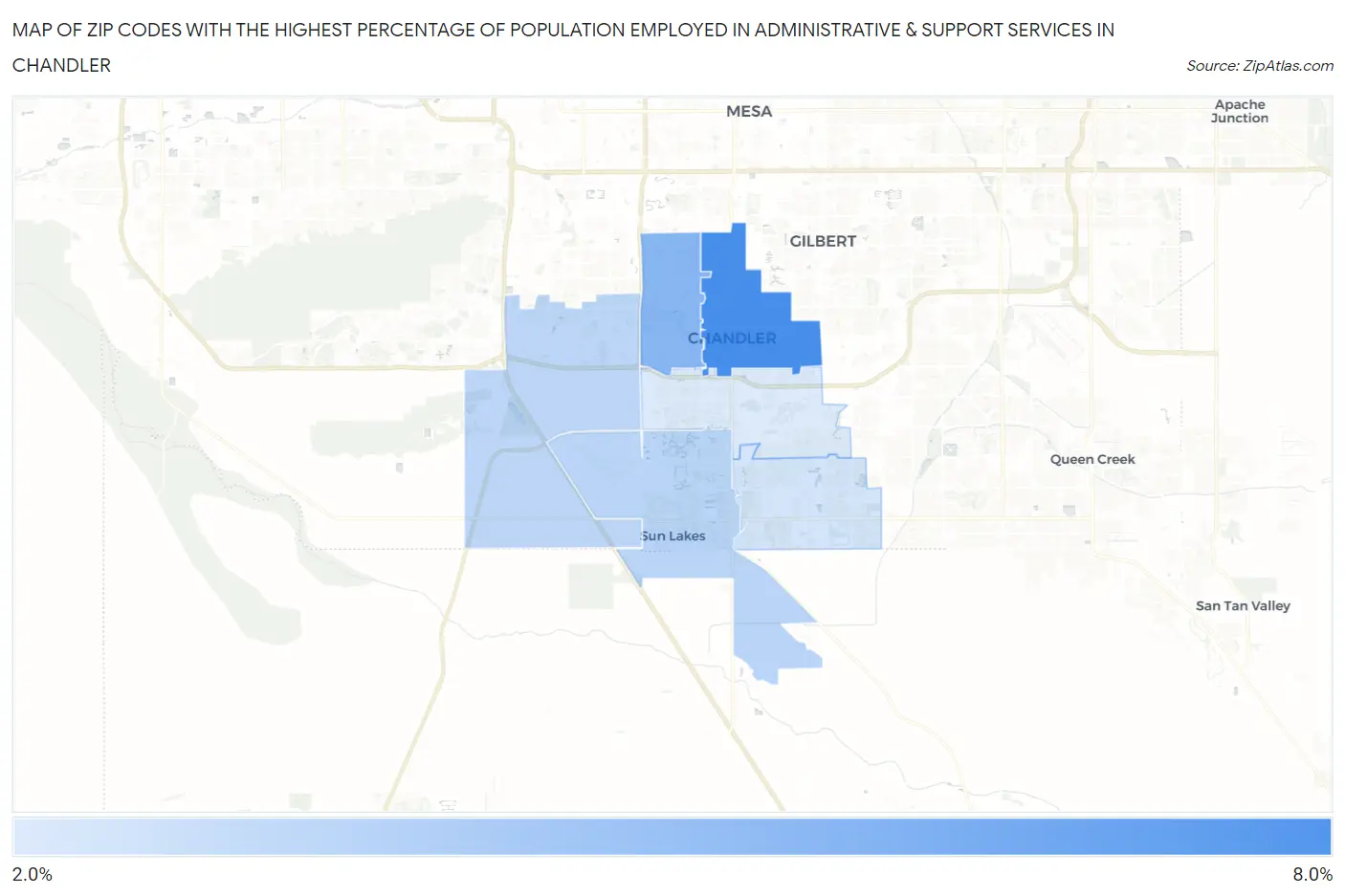 Zip Codes with the Highest Percentage of Population Employed in Administrative & Support Services in Chandler Map