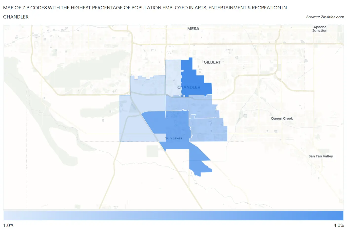 Zip Codes with the Highest Percentage of Population Employed in Arts, Entertainment & Recreation in Chandler Map