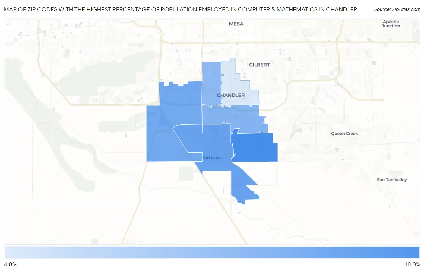 Zip Codes with the Highest Percentage of Population Employed in Computer & Mathematics in Chandler Map