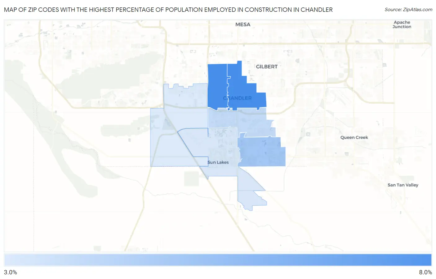 Zip Codes with the Highest Percentage of Population Employed in Construction in Chandler Map