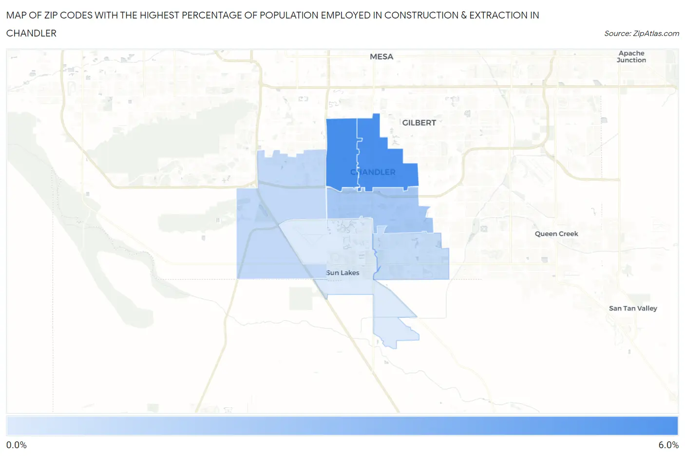 Zip Codes with the Highest Percentage of Population Employed in Construction & Extraction in Chandler Map