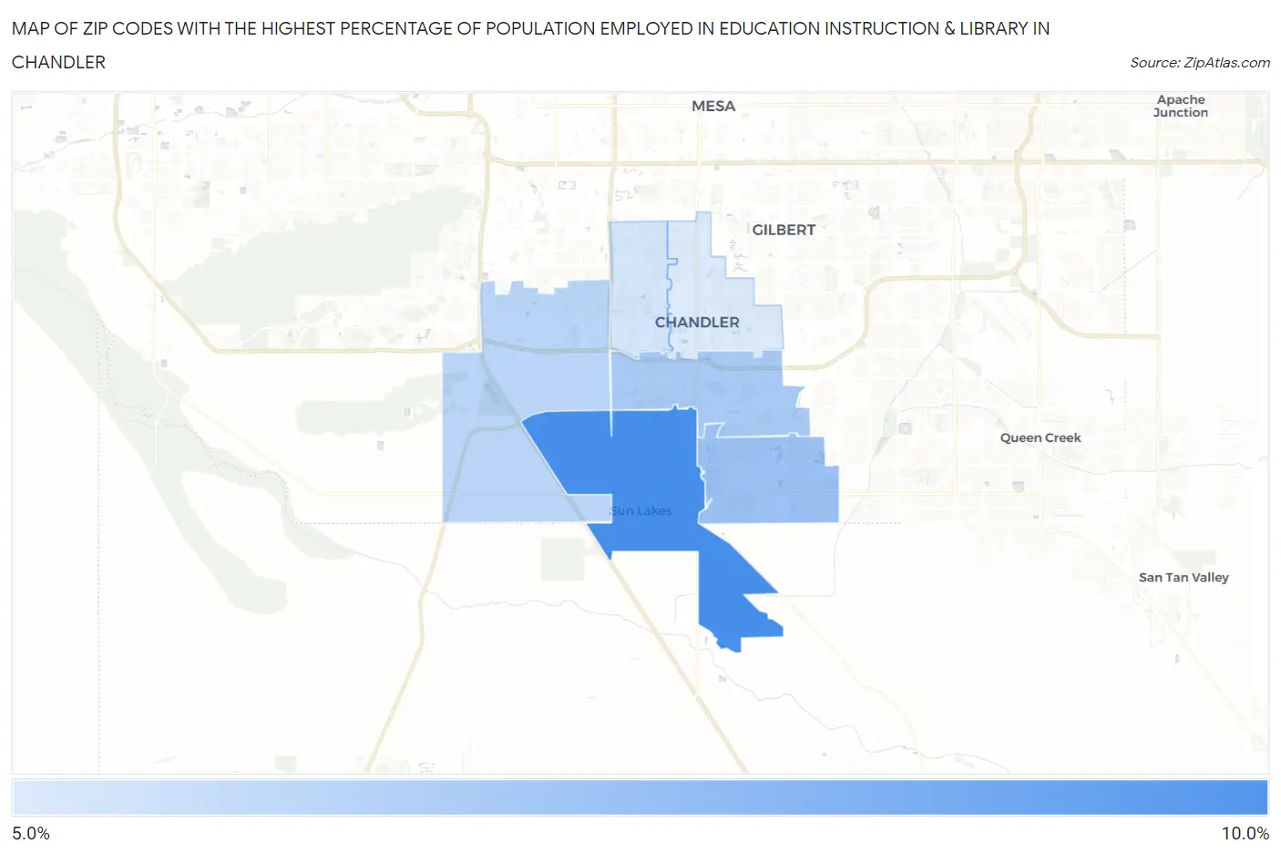 Zip Codes with the Highest Percentage of Population Employed in Education Instruction & Library in Chandler Map