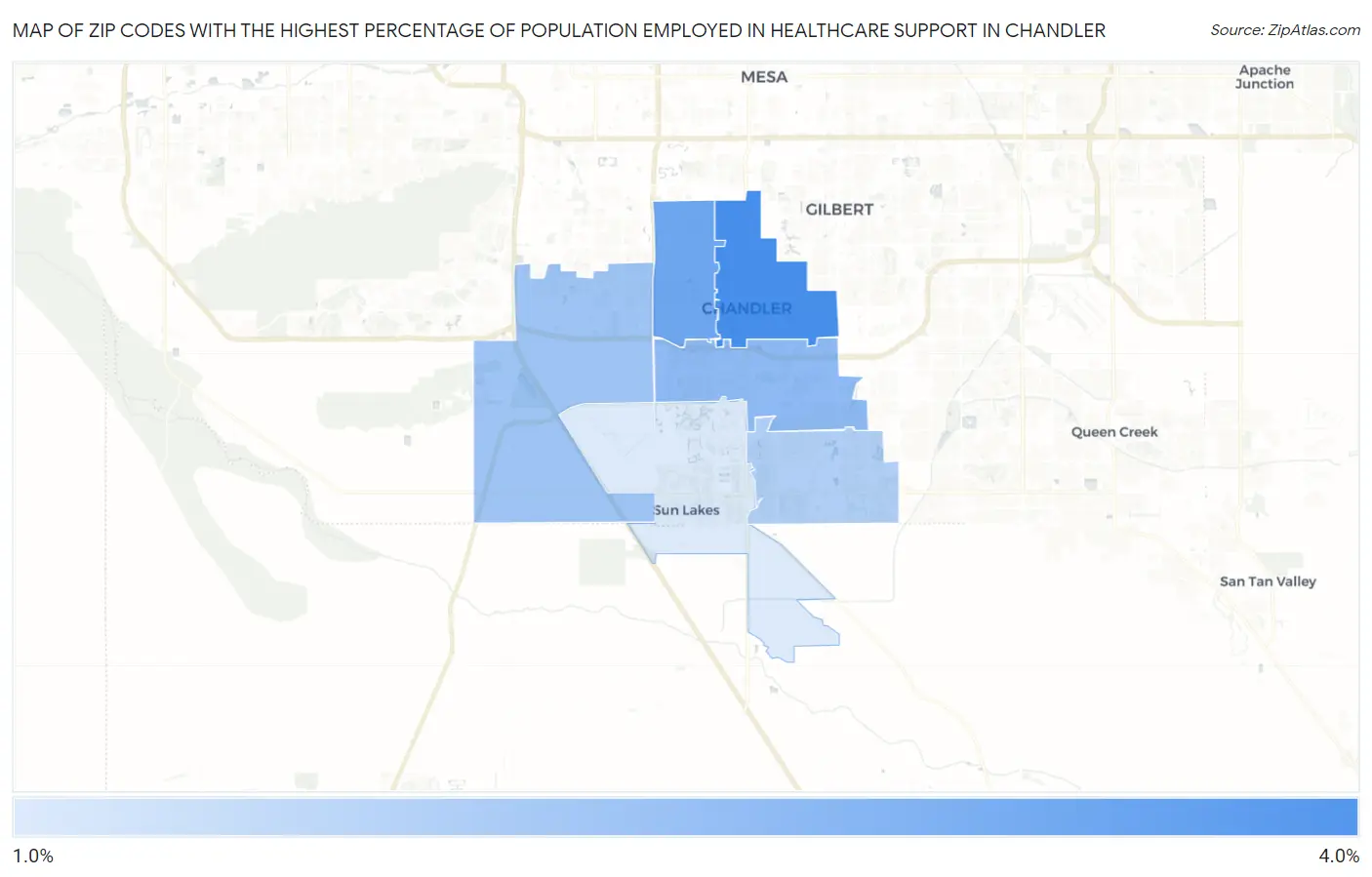 Zip Codes with the Highest Percentage of Population Employed in Healthcare Support in Chandler Map