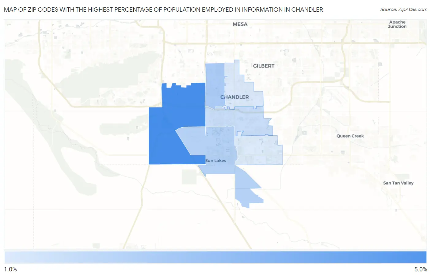 Zip Codes with the Highest Percentage of Population Employed in Information in Chandler Map