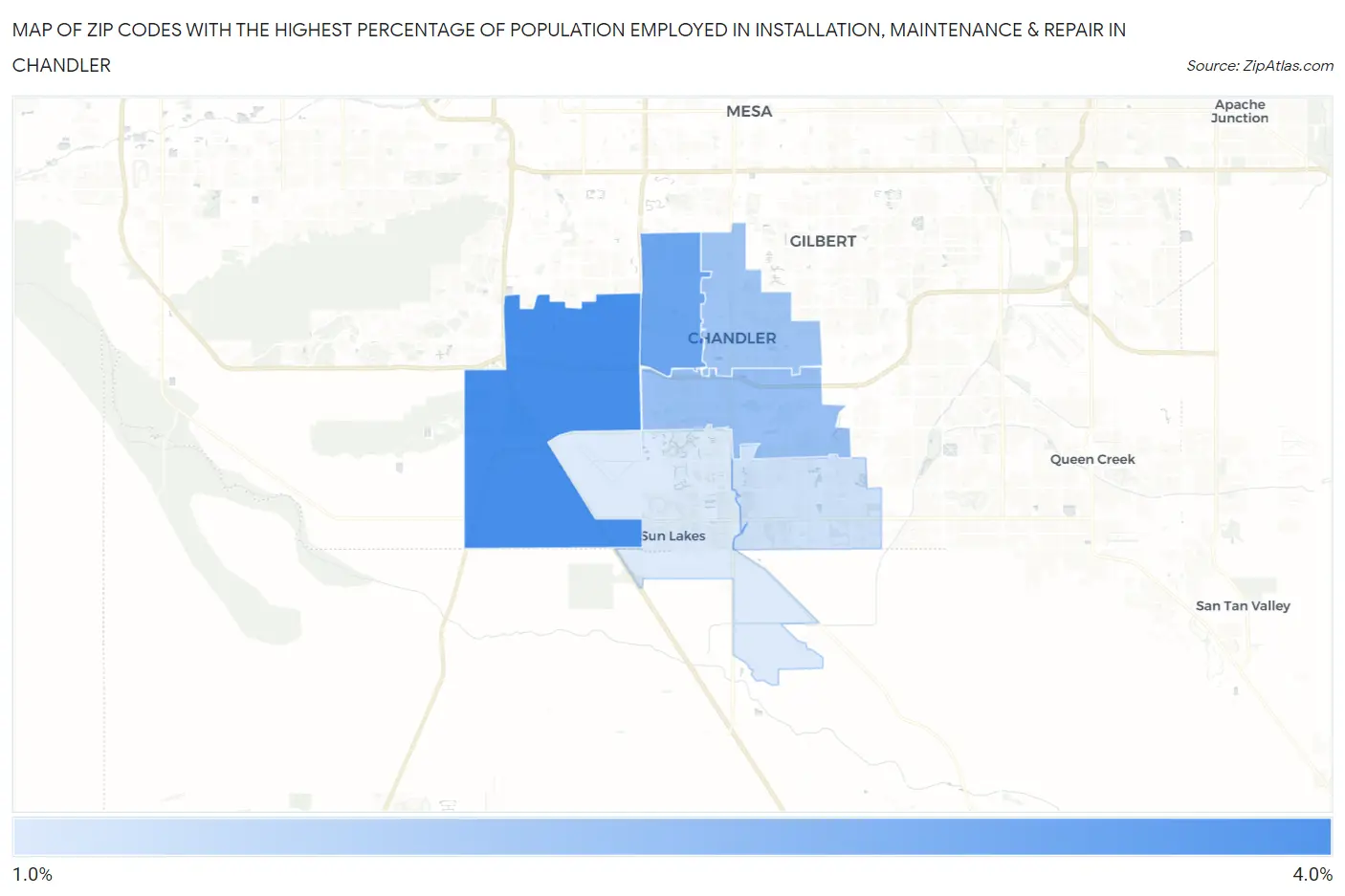 Zip Codes with the Highest Percentage of Population Employed in Installation, Maintenance & Repair in Chandler Map