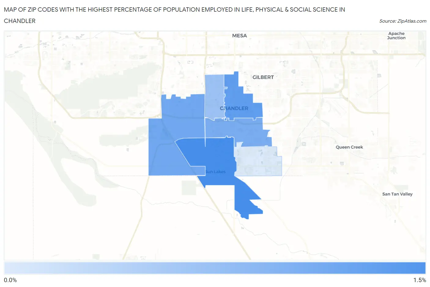 Zip Codes with the Highest Percentage of Population Employed in Life, Physical & Social Science in Chandler Map