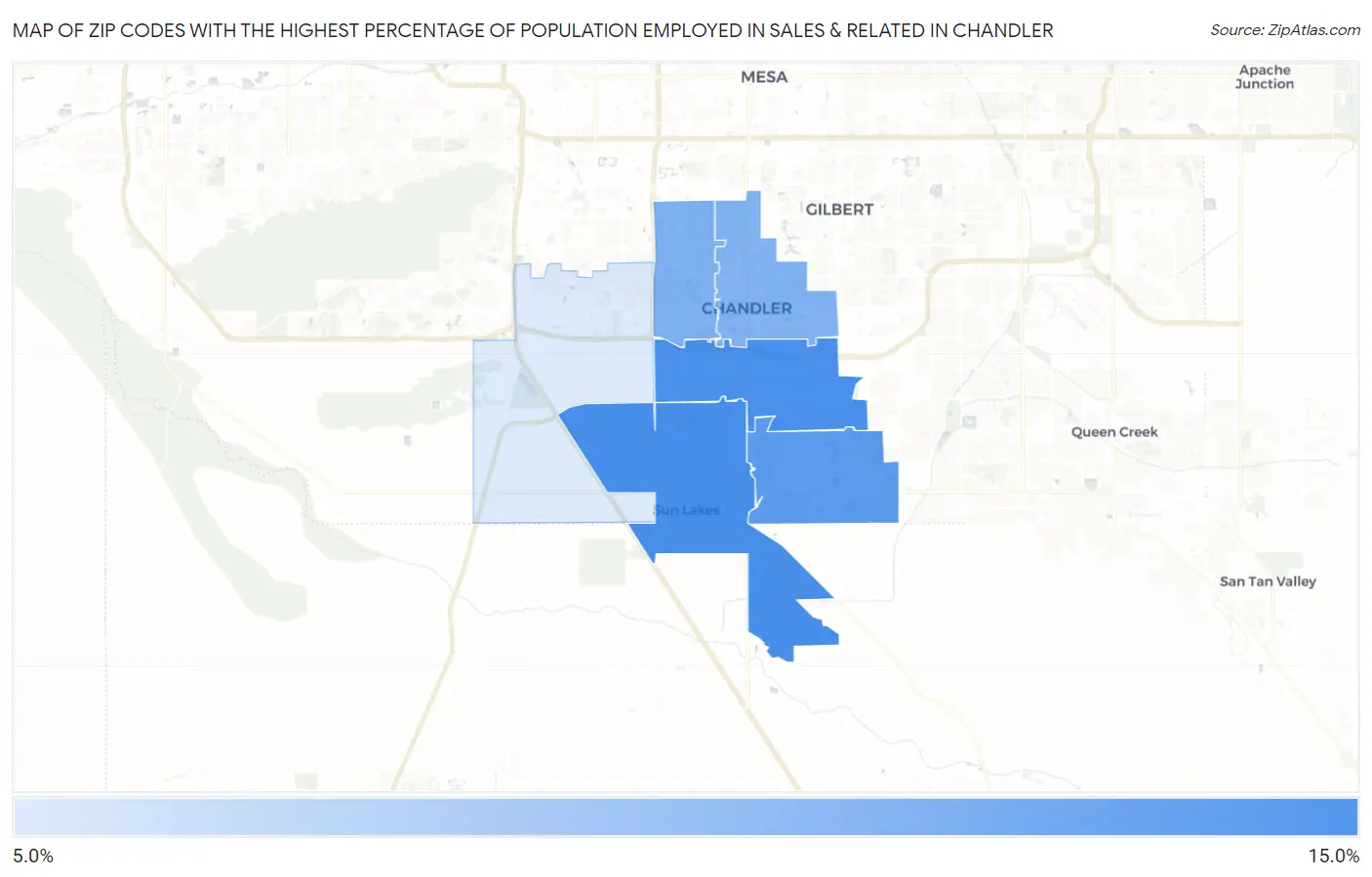 Zip Codes with the Highest Percentage of Population Employed in Sales & Related in Chandler Map