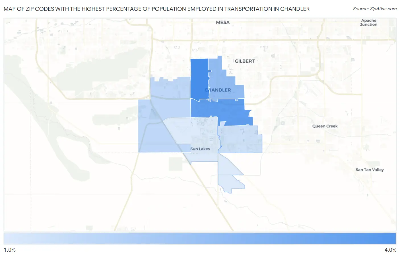 Zip Codes with the Highest Percentage of Population Employed in Transportation in Chandler Map