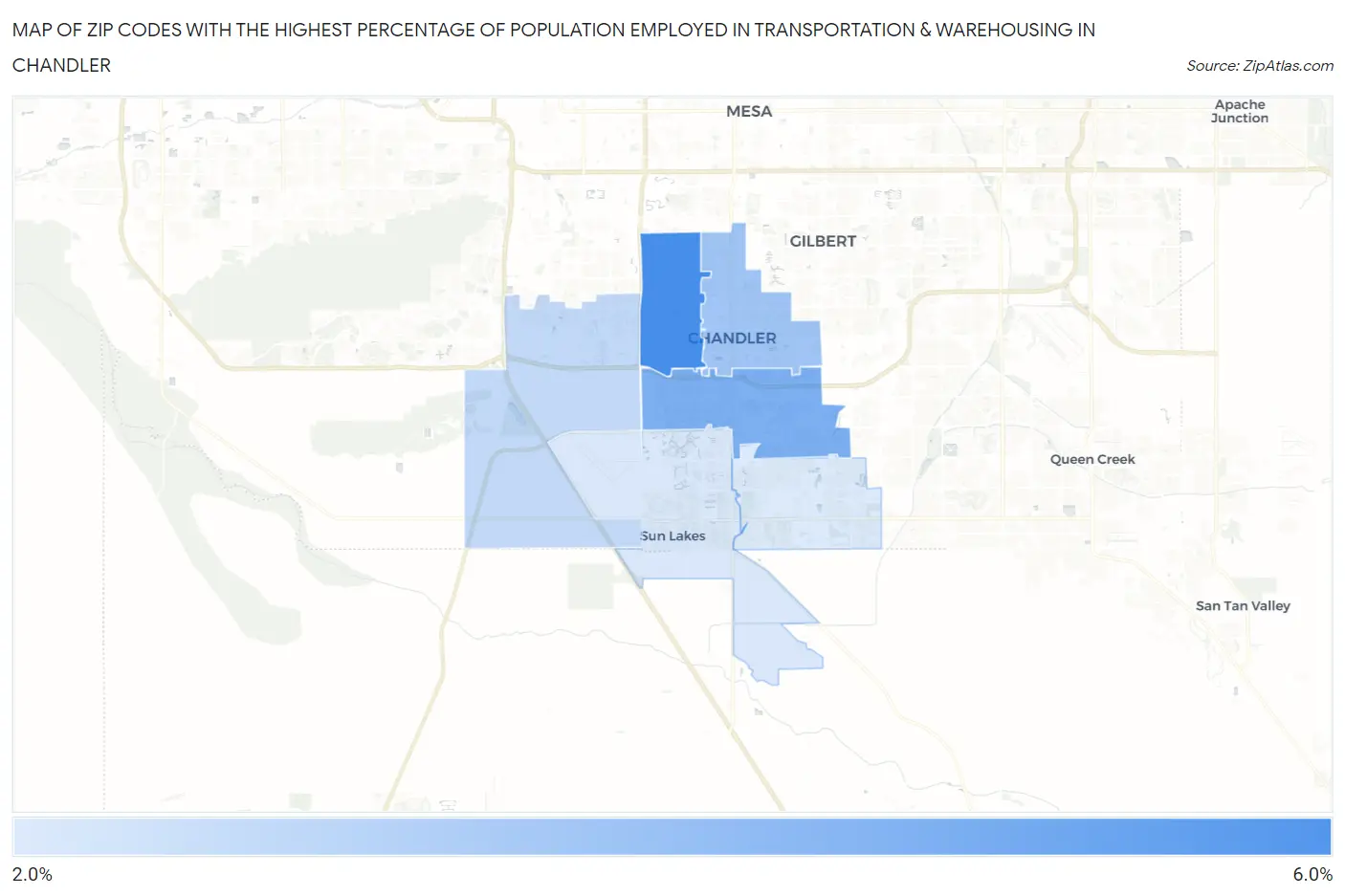 Zip Codes with the Highest Percentage of Population Employed in Transportation & Warehousing in Chandler Map