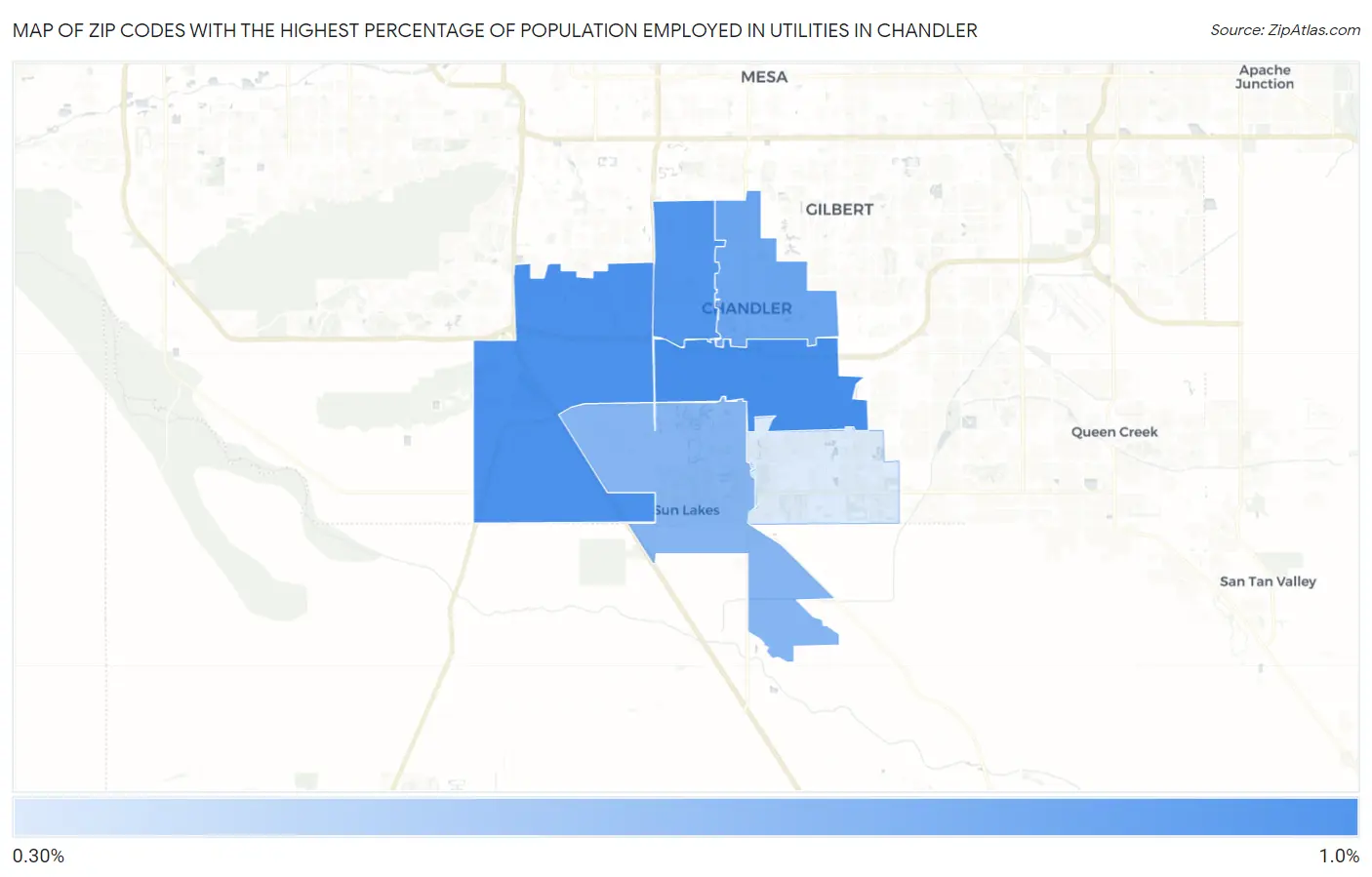 Zip Codes with the Highest Percentage of Population Employed in Utilities in Chandler Map