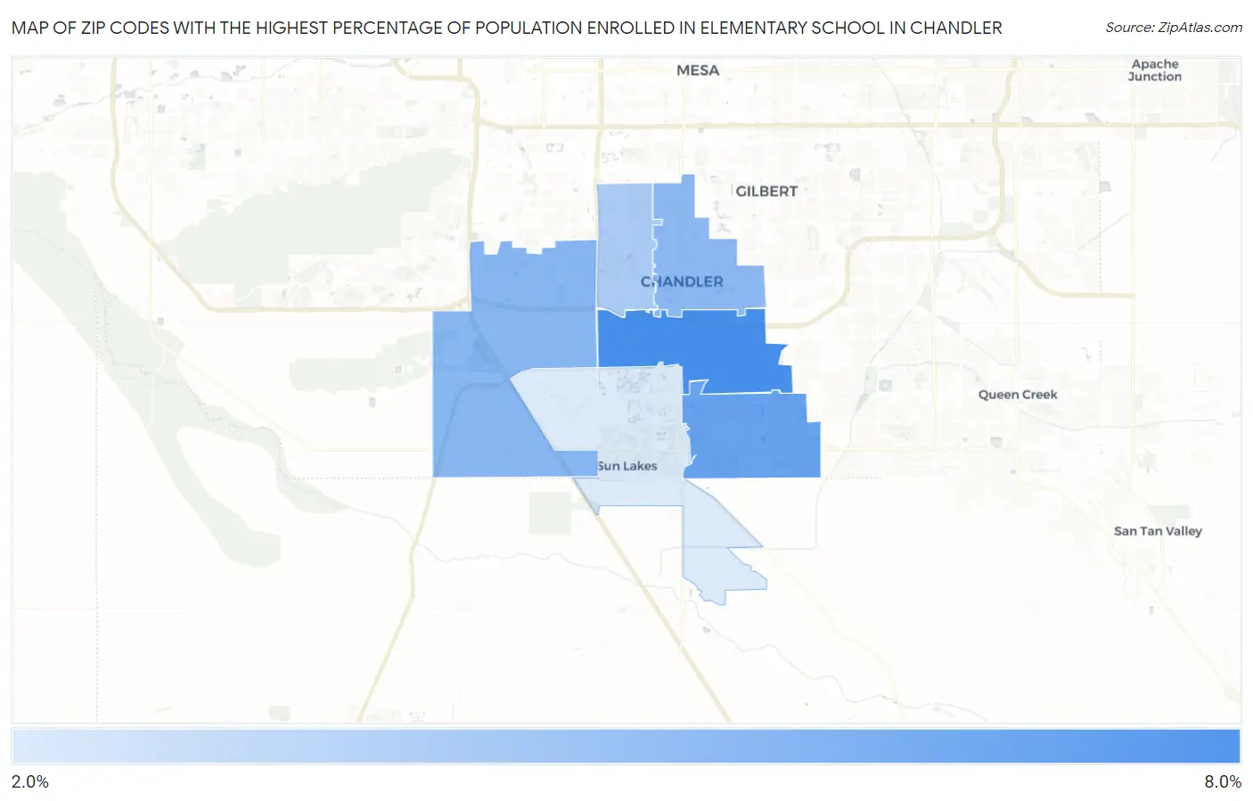 Zip Codes with the Highest Percentage of Population Enrolled in Elementary School in Chandler Map