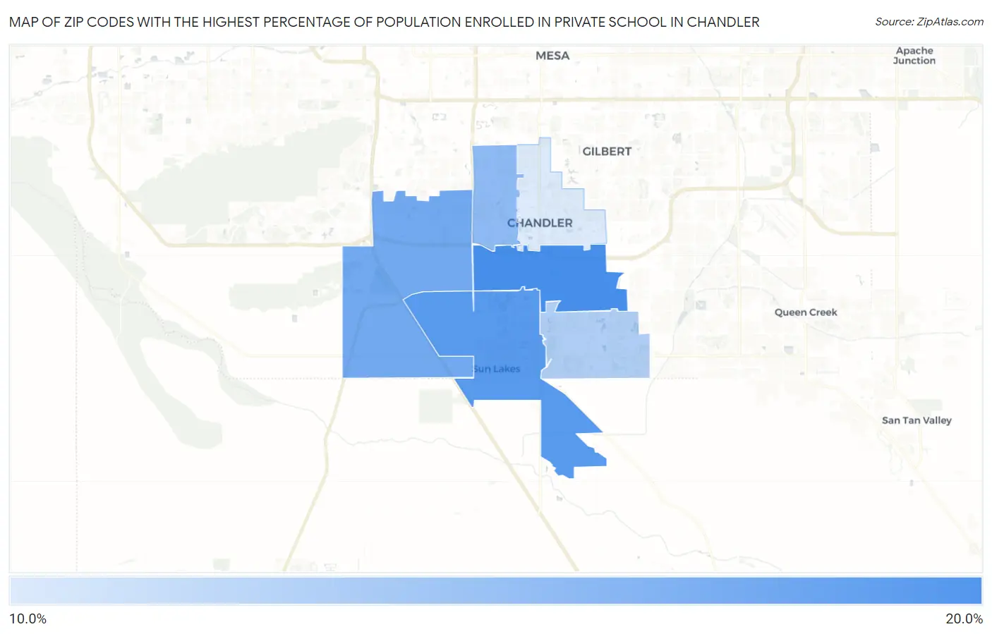 Zip Codes with the Highest Percentage of Population Enrolled in Private School in Chandler Map
