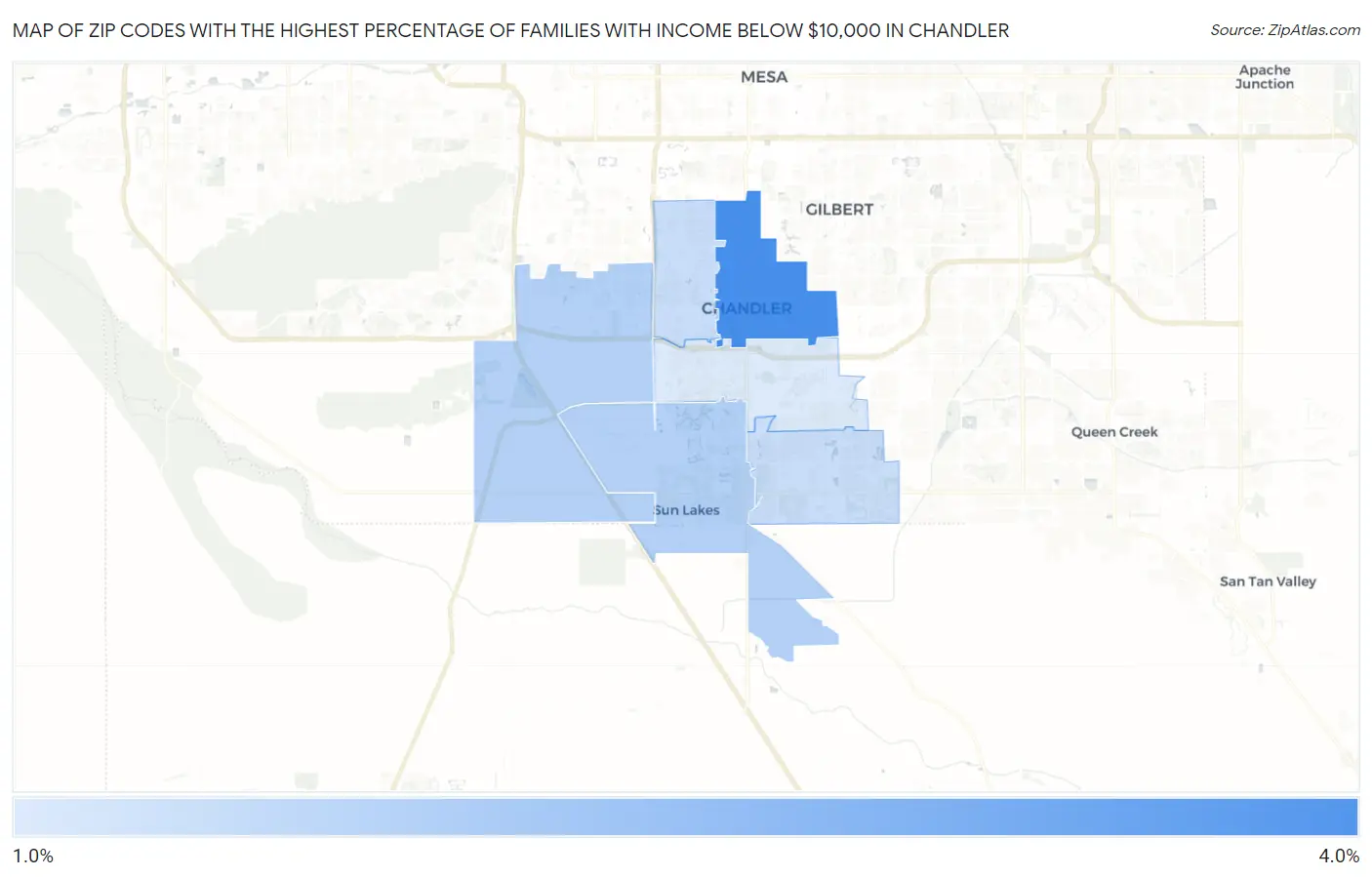 Zip Codes with the Highest Percentage of Families with Income Below $10,000 in Chandler Map