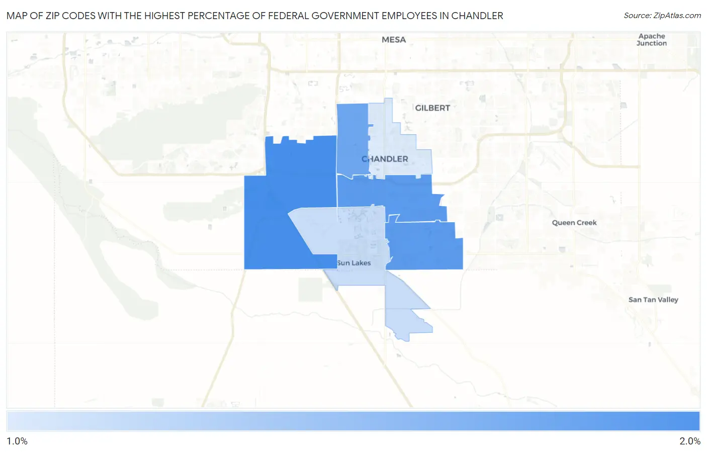 Zip Codes with the Highest Percentage of Federal Government Employees in Chandler Map