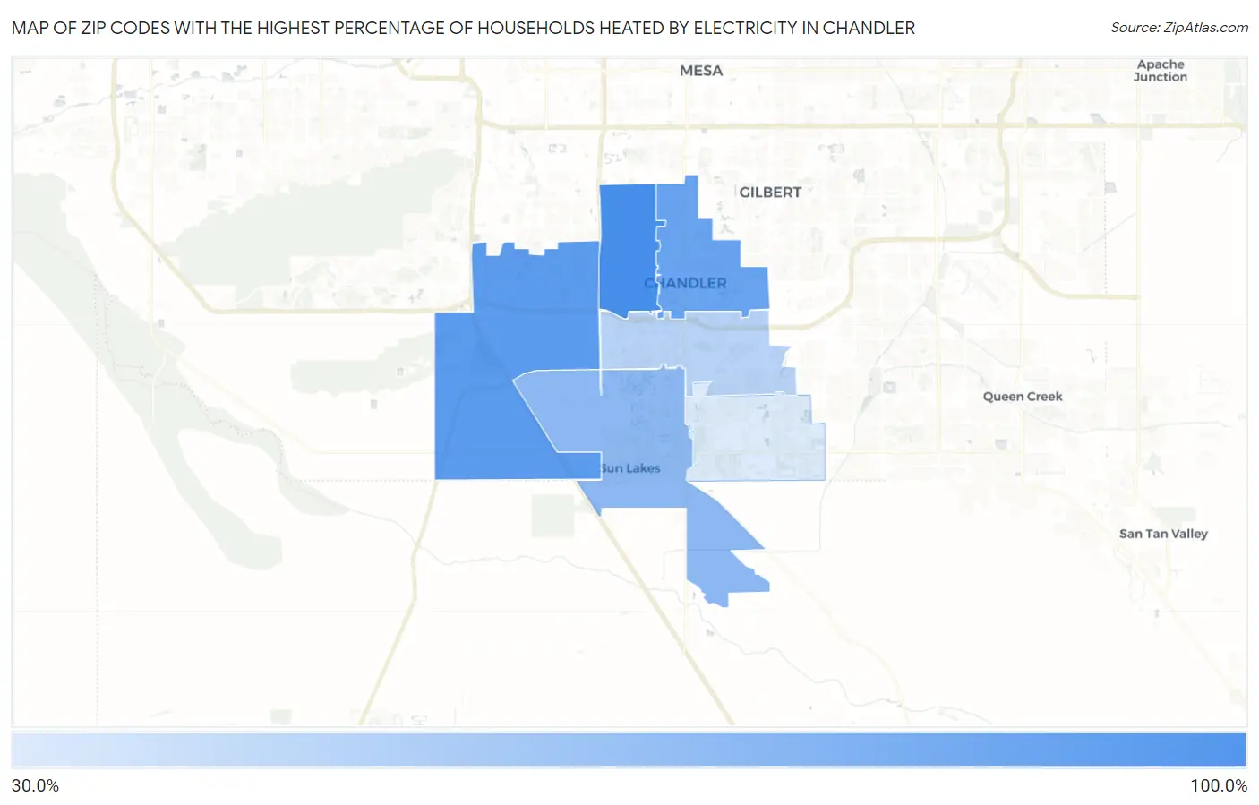 Zip Codes with the Highest Percentage of Households Heated by Electricity in Chandler Map