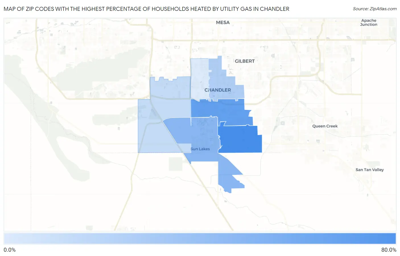 Zip Codes with the Highest Percentage of Households Heated by Utility Gas in Chandler Map