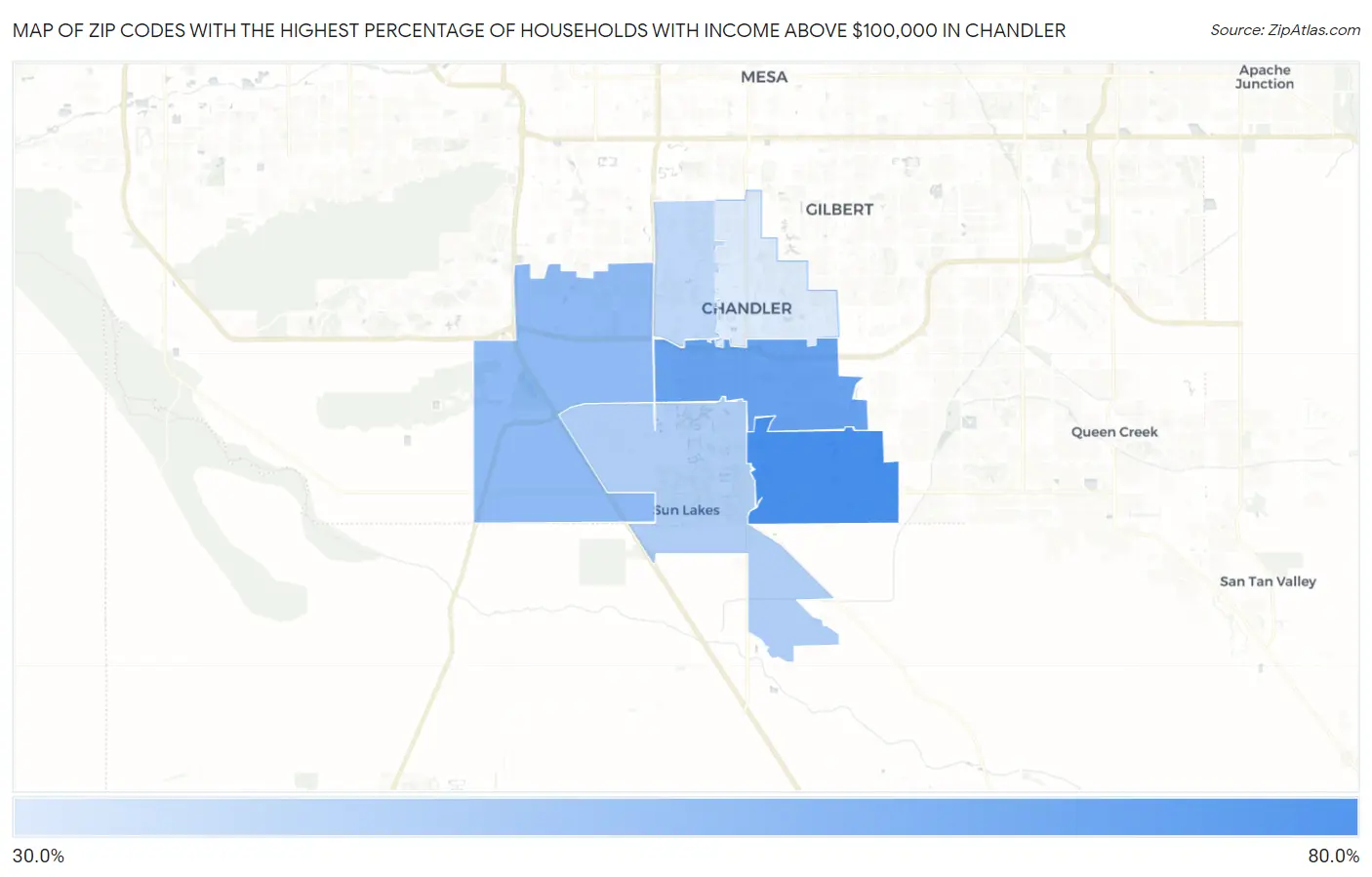 Zip Codes with the Highest Percentage of Households with Income Above $100,000 in Chandler Map