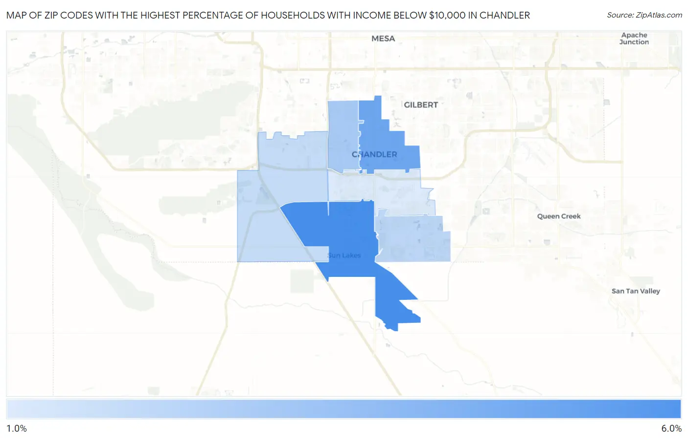 Zip Codes with the Highest Percentage of Households with Income Below $10,000 in Chandler Map